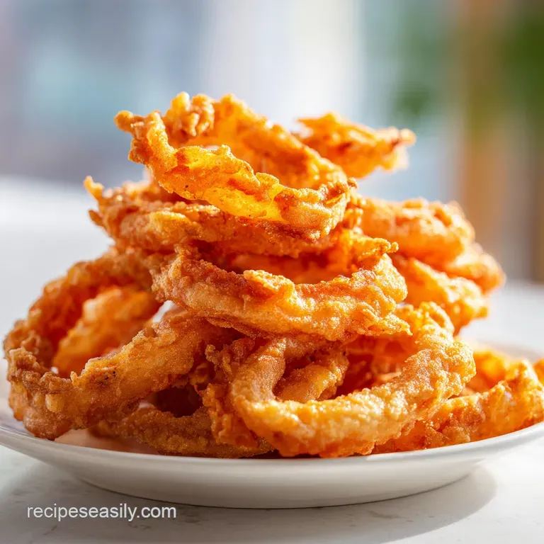 Golden-brown rings stacked neatly on a white ceramic plate beside a small bowl of zesty cream sauce.