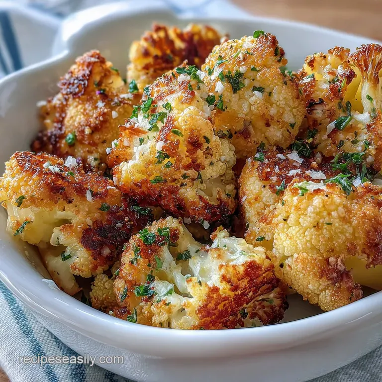 Crispy baked cauliflower bites artfully arranged on a white plate. Garnished with fresh parsley and a creamy dipping sauce...
