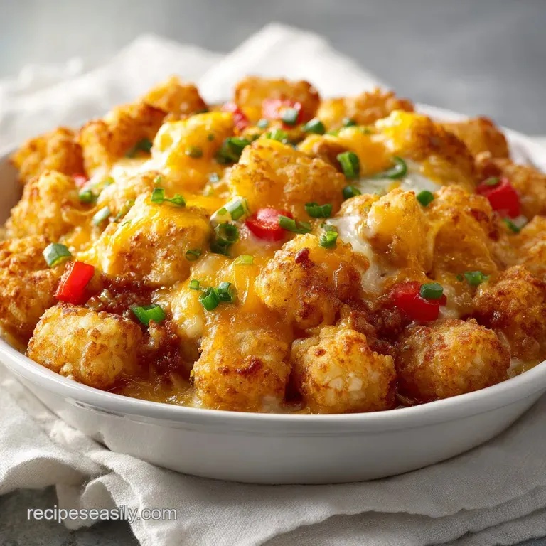 A serving of savory tater tot casserole, topped with melted cheese and a sprig of fresh parsley.