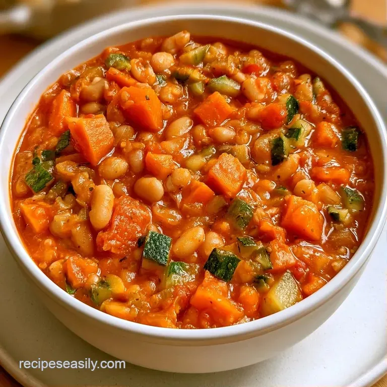 Vibrant vegetable soup in a white ceramic bowl topped with melted parmesan and a sprig of fresh green parsley.