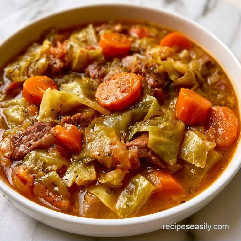 Steaming bowl of rustic vegetable and beef stew topped with chopped parsley, set on a dark wooden dining table.