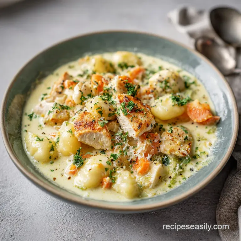 A single scoop of rich chicken gnocchi soup, topped with fresh parsley, in a white ceramic bowl.
