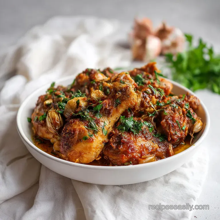 A generous portion of succulent, herb-infused chicken piled high on a rustic ceramic plate, glistening.