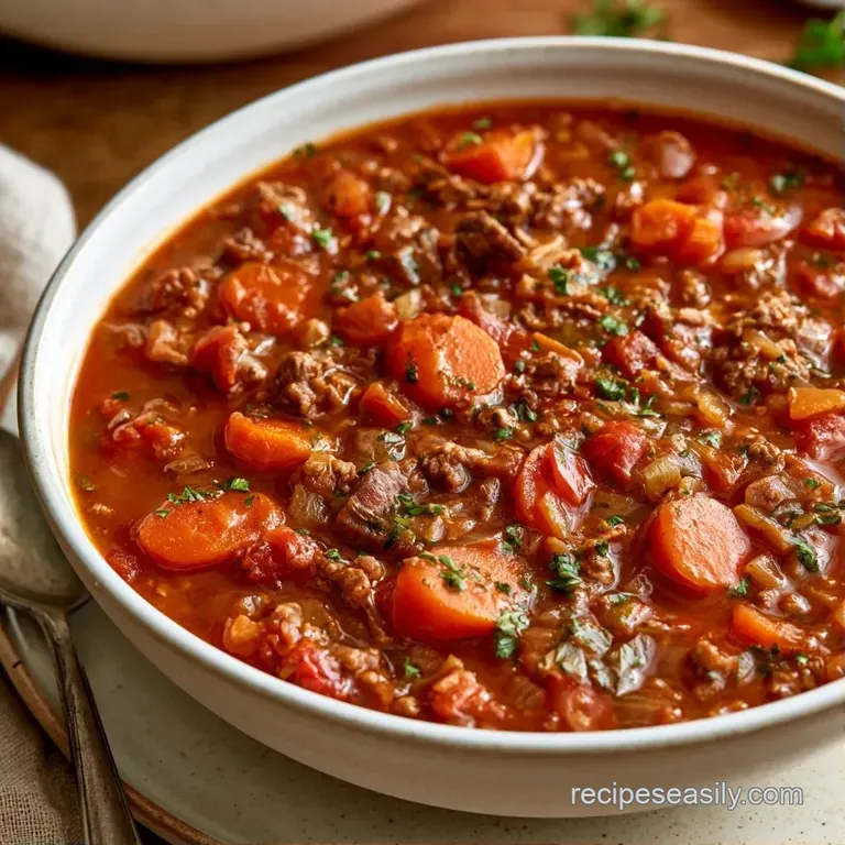 Steam rising from a white ceramic bowl of savory beef and garden vegetables garnished with fresh chopped parsley.