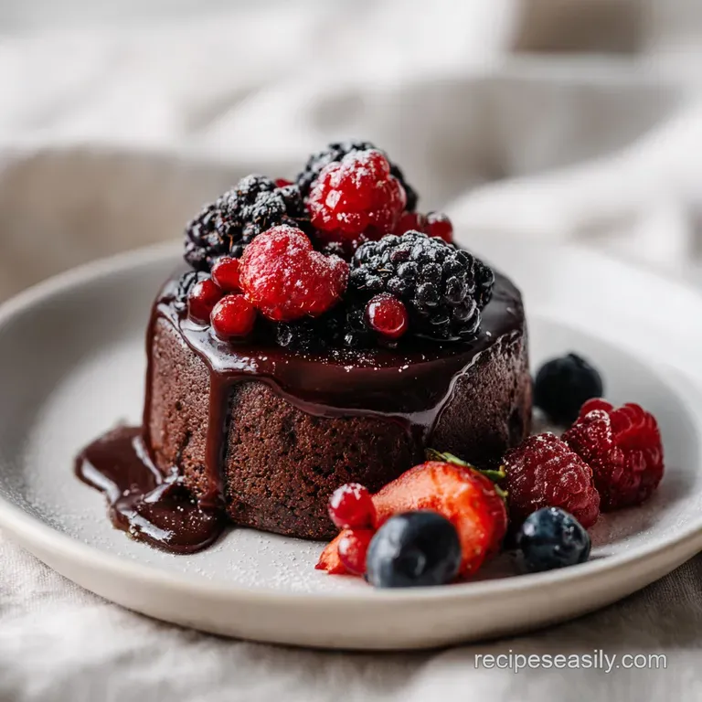 Elegant dessert plate with shards of glossy, dark chocolate bark scattered among plump, juicy red berries. A romantic Vale...