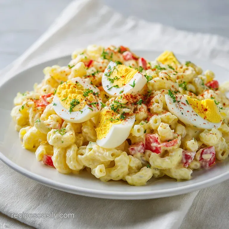 Elegant scoop of chilled pasta salad with halved deviled egg. Paprika dust and parsley garnish brighten the creamy hues.