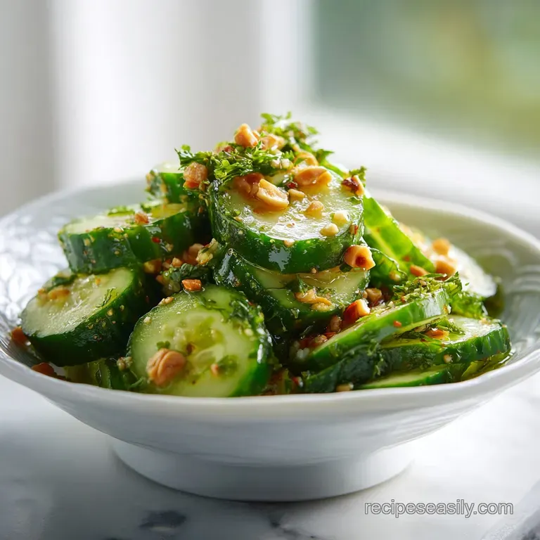 Bright green cucumber salad piled high on a ridged white plate, garnished with fresh herbs and chili flakes for a pop of c...