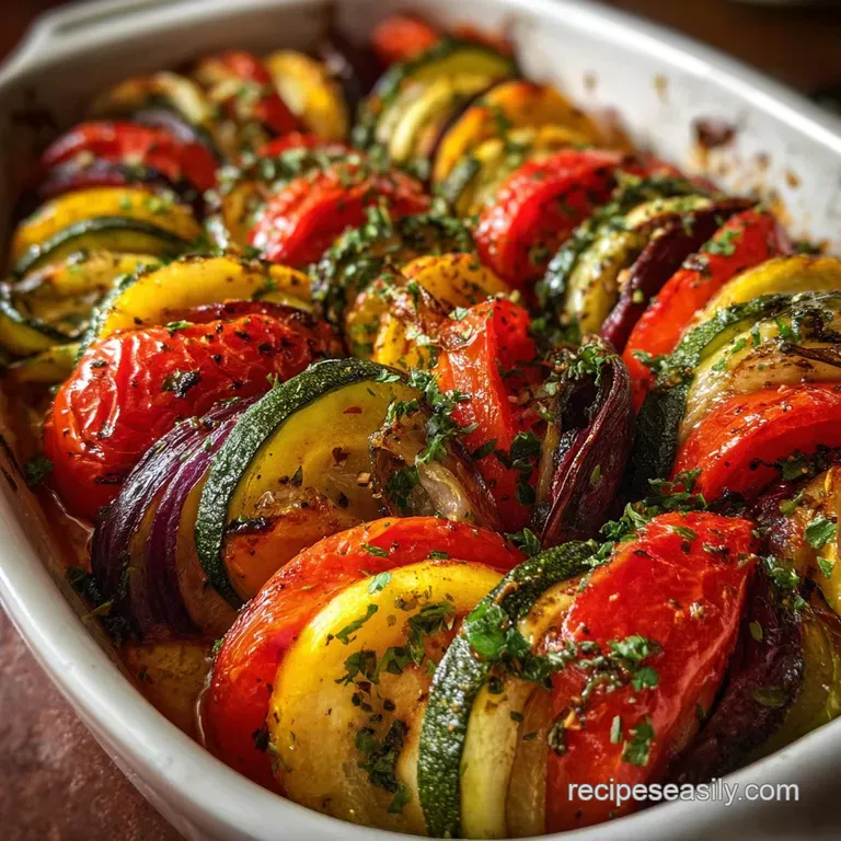 Elegant plate of baked ratatouille. Glossy vegetables glisten with olive oil, a sprinkle of fresh herbs adds a pop of green.