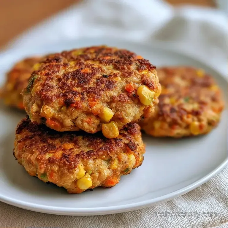 Three small, golden-brown savory patties arranged on a bright plate with a swirl of creamy white yogurt dip.