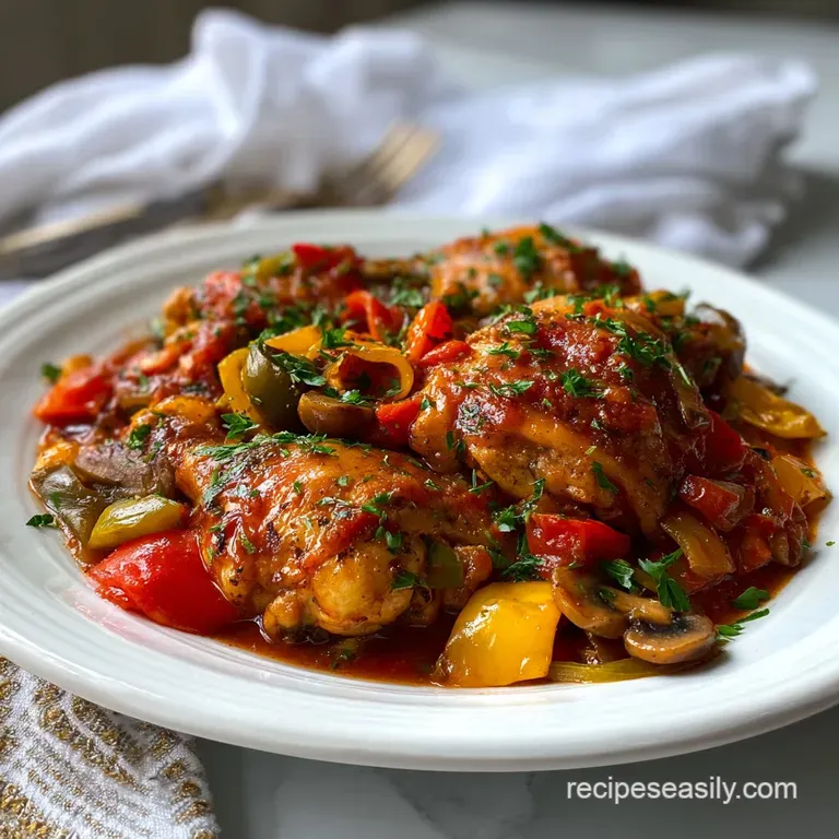 Plated chicken cacciatore: juicy chicken, colorful bell peppers, and herbs atop creamy polenta, a drizzle of olive oil.
