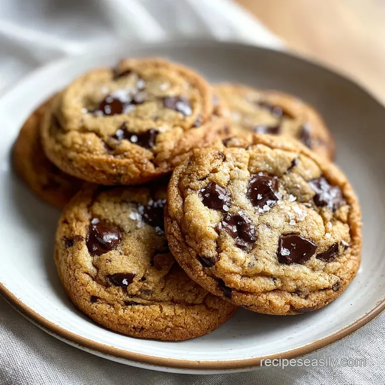 Stack of warm chocolate chip cookies on a white plate. Crispy edges and gooey centers highlight the texture.