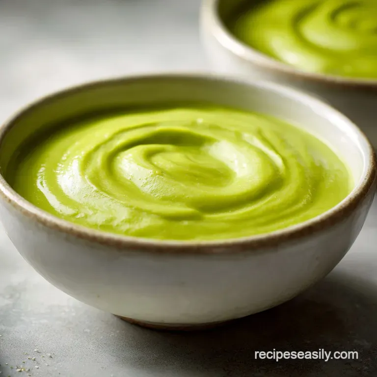 Creamy avocado soup artfully arranged in a shallow bowl, garnished with microgreens and a swirl of tangy cr&egrave;me fra&icirc;che.