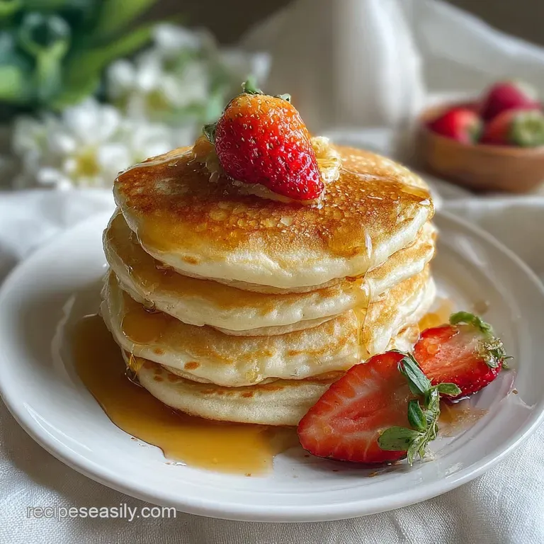 Three fluffy pancakes with melted butter, maple syrup cascade; beside fresh berries and dusted with powdered sugar on a wh...