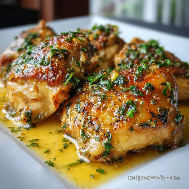 A glistening piece of garlic chicken on a plate, surrounded by herbs and roasted garlic, tempting you to take that first d...