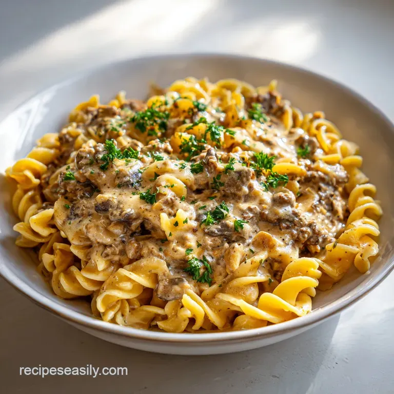 A swirl of tender egg noodles topped with rich, creamy ground beef stroganoff. Fresh parsley sprig accents the appetizing ...