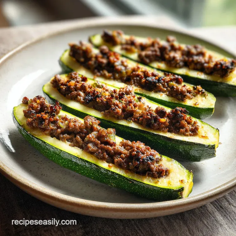 Two stuffed zucchini halves topped with bubbly brown cheese and herbs on a white ceramic plate with a side salad.