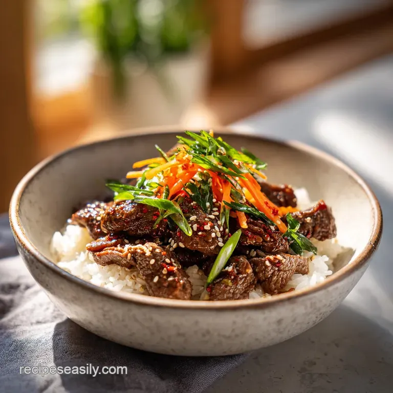 Perfectly plated Korean beef bowl. Shiny glazed beef and bright green scallions on fluffy white rice, inviting & delicious.