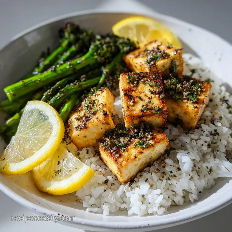 Lemon pepper tofu with a satisfyingly crisp exterior, artfully plated with bright roasted vegetables and a sprinkle of fre...