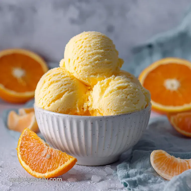 Scoops of bright orange sherbet piled high in a stemmed glass, garnished with a fresh orange slice and mint, hints of frost.
