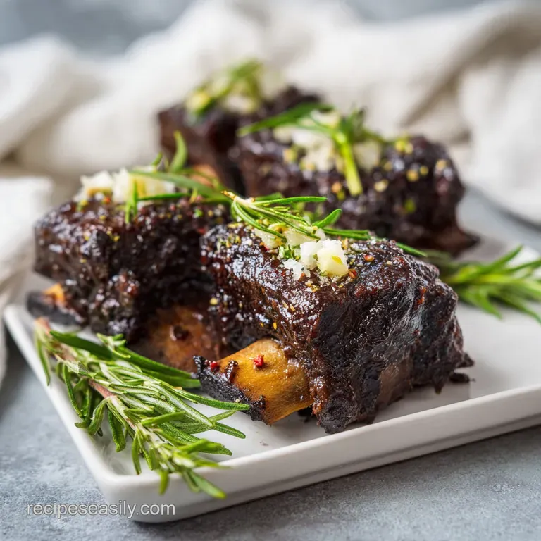 Tender, fall-off-the-bone beef ribs drizzled with rich BBQ sauce, artfully arranged on a plate.