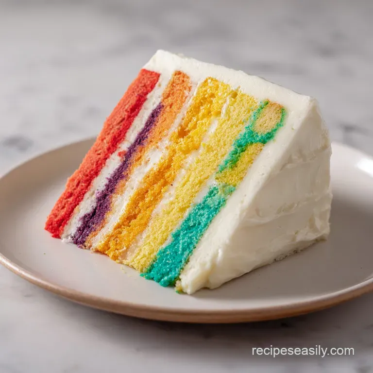 A delicate slice of multicolored layered cake on a porcelain plate, garnished with a fresh mint leaf and berries.