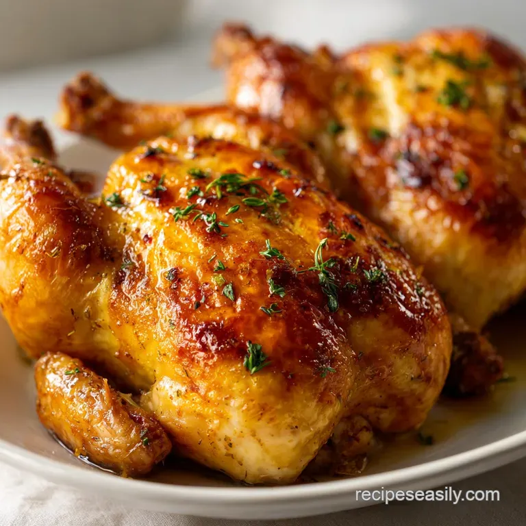 A golden-brown roasted bird on a white ceramic plate with a drizzle of pan sauce and vibrant steamed asparagus tips.