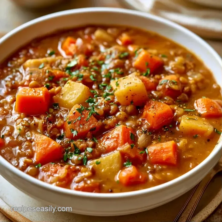 A rustic ceramic bowl of thick legume soup topped with fresh parsley next to a slice of toasted crusty bread.
