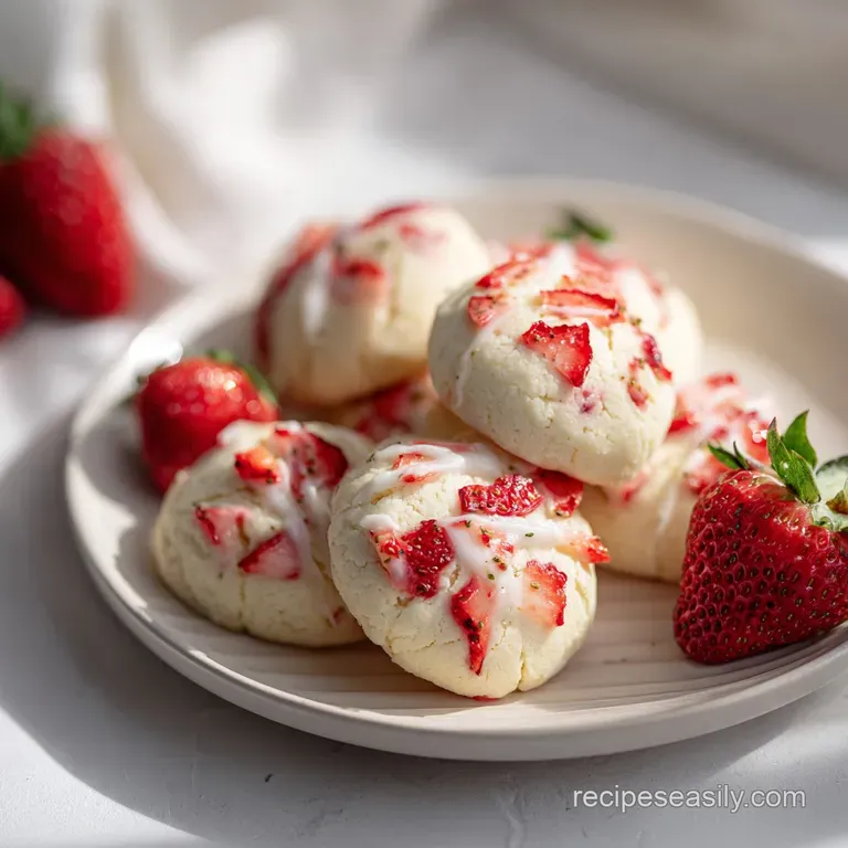 A trio of pale pink cookies artfully stacked on a white plate, accented with a single fresh strawberry.