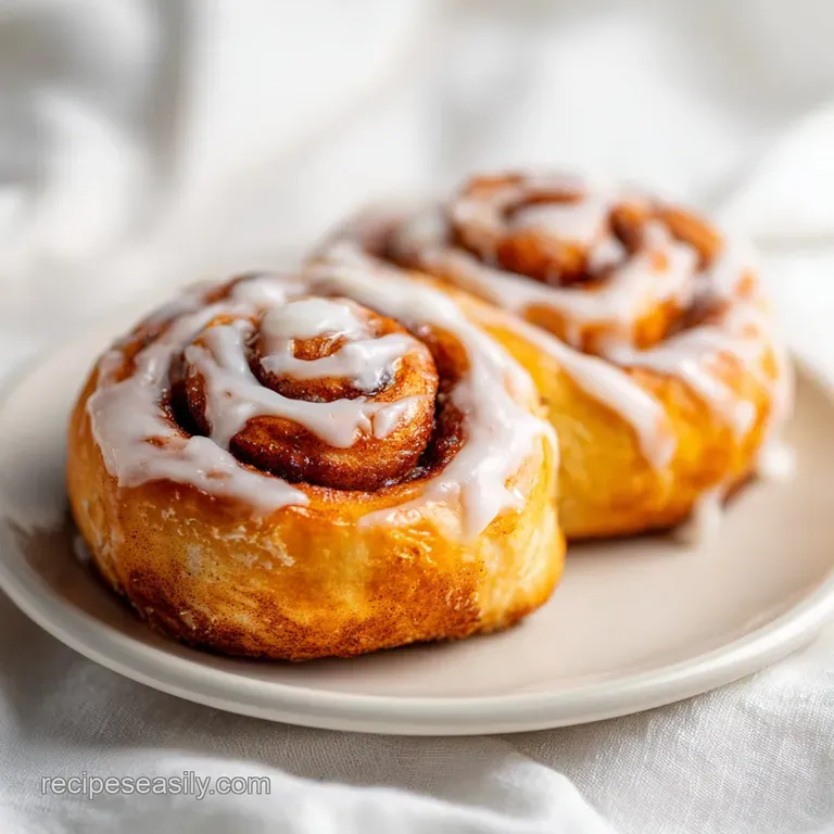 A single warm cinnamon roll on a white ceramic plate, drizzled with glossy cream and dusted with cinnamon powder