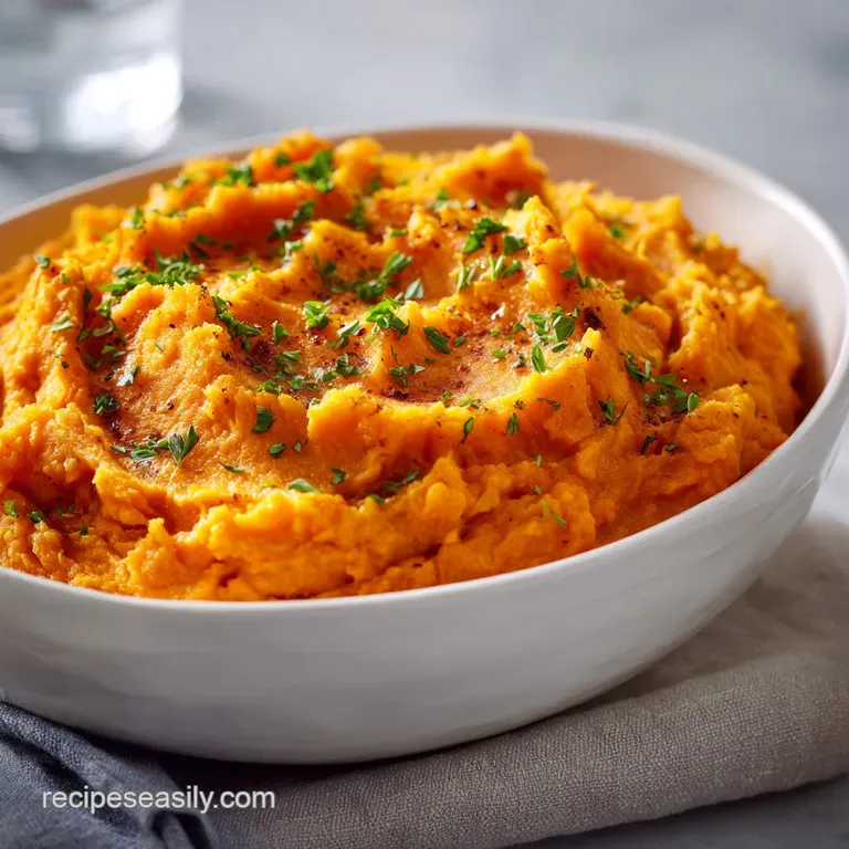 Elegant swirl of fluffy sweet potato on a white plate, dusted with warm spices and a sprig of fresh thyme. Inviting and sm...