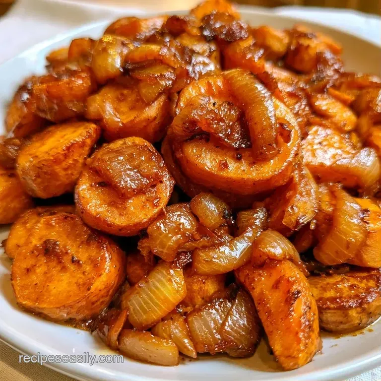 Roasted orange root vegetables topped with sticky brown onions and melted cheese on a minimalist white plate