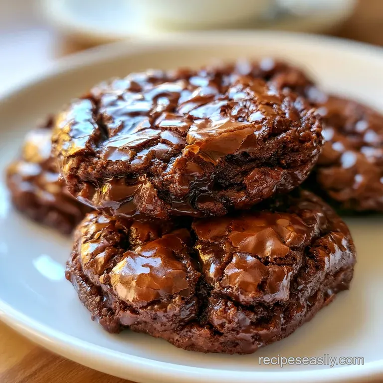 A stack of deep brown chocolate treats topped with flaky sea salt on a white ceramic plate beside a glass of milk.