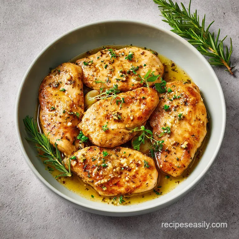 Seared chicken fillets on a white ceramic plate with a golden butter glaze and a side of bright steamed asparagus.