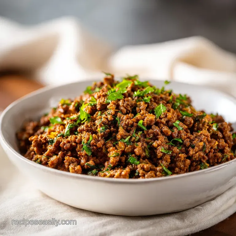Generous portion of seasoned ground beef topped with fresh parsley, artfully arranged on a white plate.