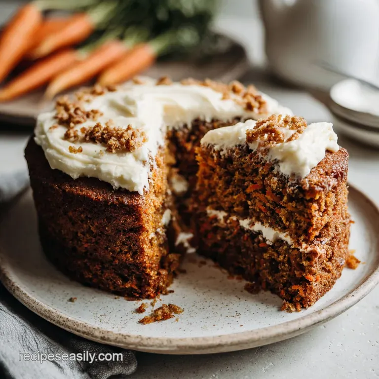 A slice of fluffy carrot cake on a white plate, showcasing tender crumbs and rich cream cheese frosting.