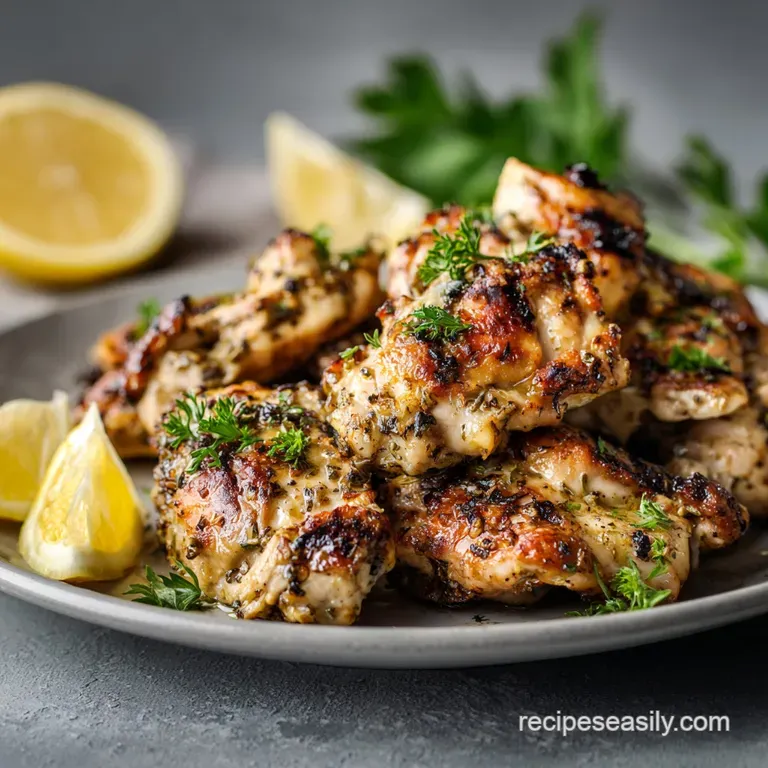 A rustic platter showcasing tender, char-marked chicken pieces alongside a colorful medley of olives, feta, and tomatoes.