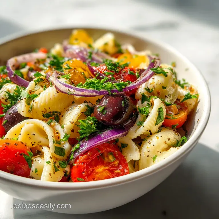 Bright Greek pasta salad artfully arranged on a white plate, showing off the fresh ingredients and tangy vinaigrette.