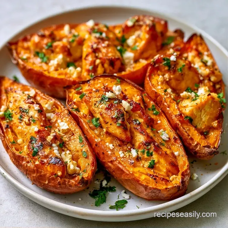 Two vibrant orange roasted potatoes on a white ceramic platter, garnished with dollops of creamy white tzatziki sauce.