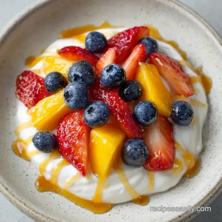 Thick white yogurt in a glass bowl with neatly arranged berries, toasted granola, and a fresh green mint leaf.