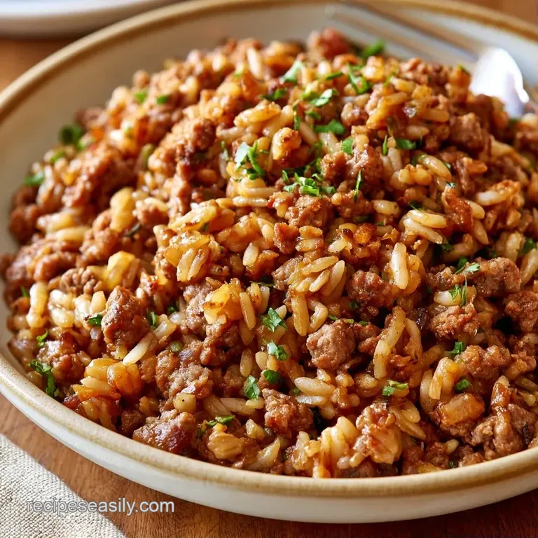 A hearty scoop of savory beef and rice topped with melted cheese on a white ceramic plate with a side of steamed peas.