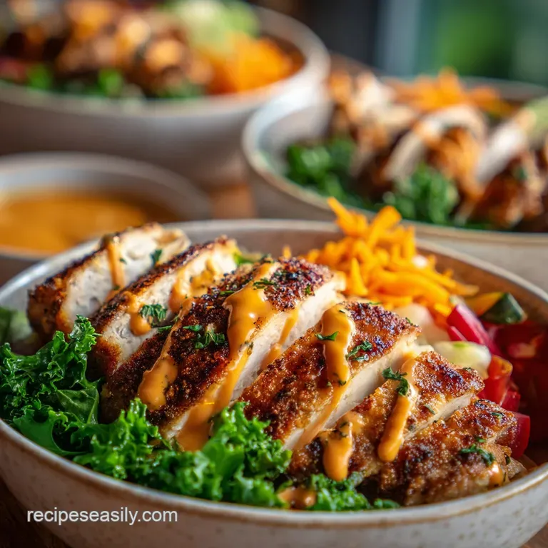 Perfectly arranged chicken bowl. Juicy chicken, bright broccoli florets, peppers, and quinoa offer a balanced, healthy meal.
