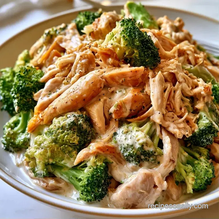 Creamy chunks of tender chicken and colorful vegetables served on a white plate with a fresh parsley garnish.