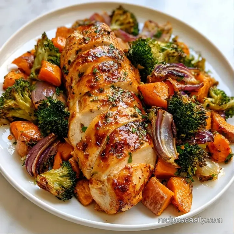 Golden-brown chicken breasts resting on vibrant orange mashed sweet potatoes with a sprinkle of bright green parsley.