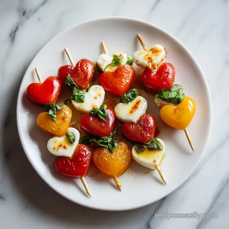 Elegant Caprese skewers arranged on a slate board, glistening with olive oil and garnished with fresh green basil leaves f...