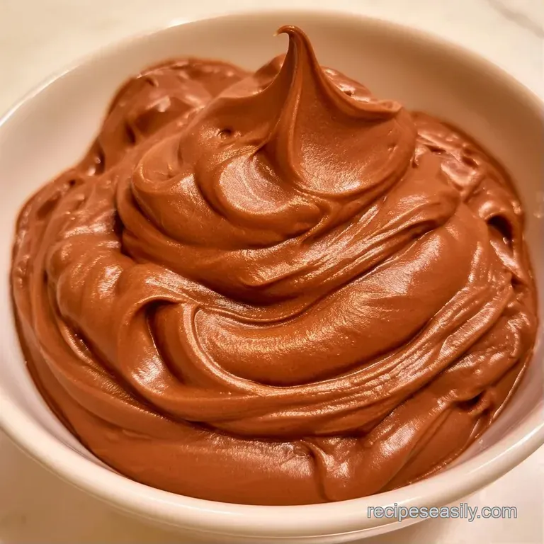 Swirled deep brown frozen cream in a crystal glass, garnished with a dusting of dark cocoa and a fresh mint leaf.