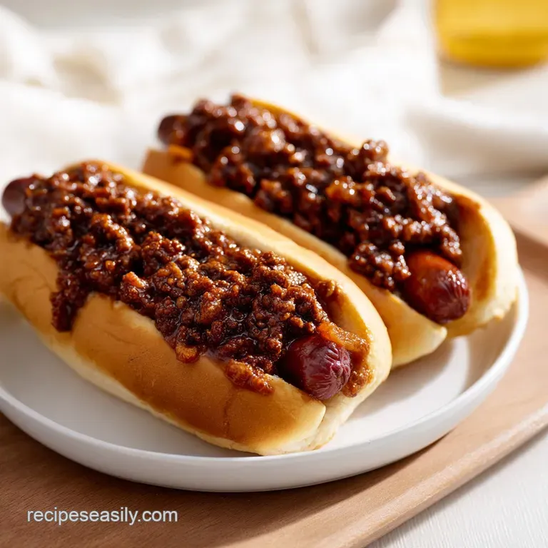 A glistening scoop of savory beef chili topped with melted cheddar and sliced green onions on a toasted bun.