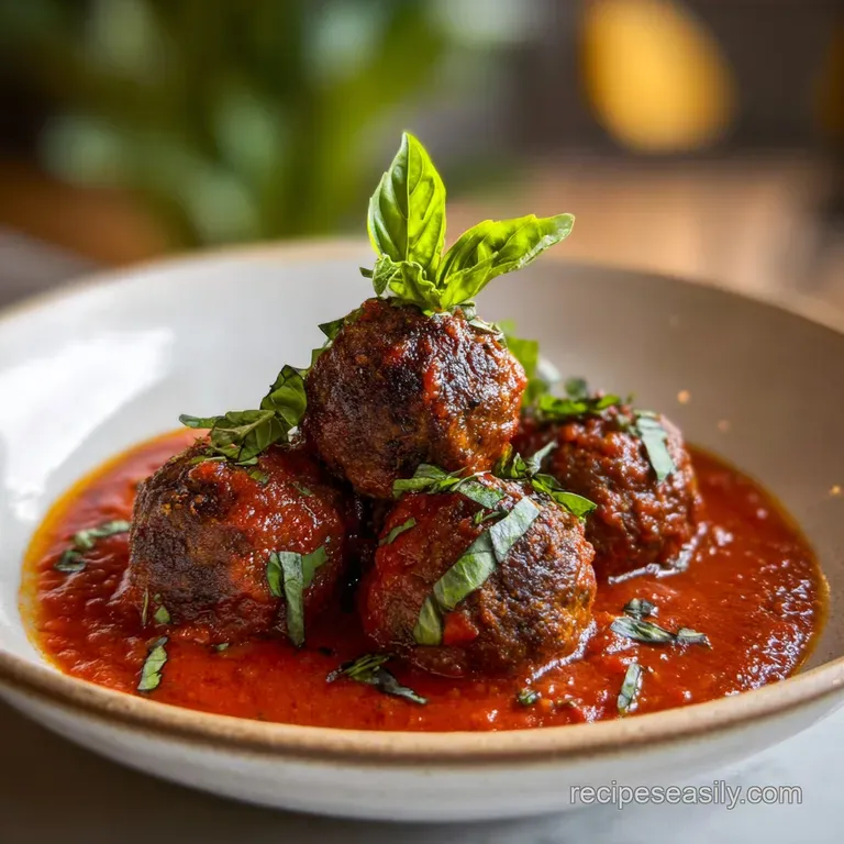 Searing brown meatballs in a rustic ceramic bowl, drizzled with red sauce and sprinkled with white parmesan cheese.