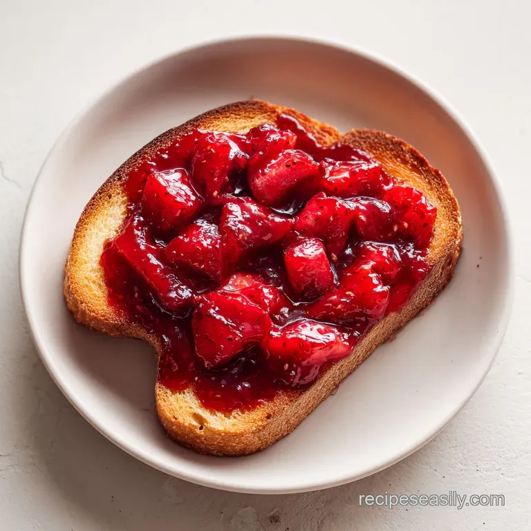 Glossy red fruit preserves in a crystal bowl beside toasted sourdough slices on a clean white marble tabletop.