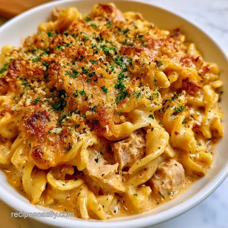 A scoop of creamy pasta and tuna topped with golden potato chip crumbs on a white plate with fresh parsley sprigs.