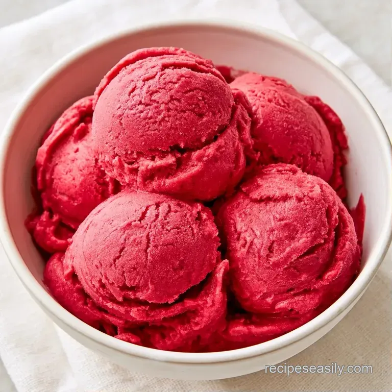 Elegant scoop of frozen dessert on a white plate, topped with fresh mint and a slice of ripe strawberry.